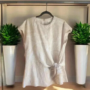 Michael Kors Printed Wrap Top Beige Tie Closure Round Hem Cap L75421 Womens Sz M